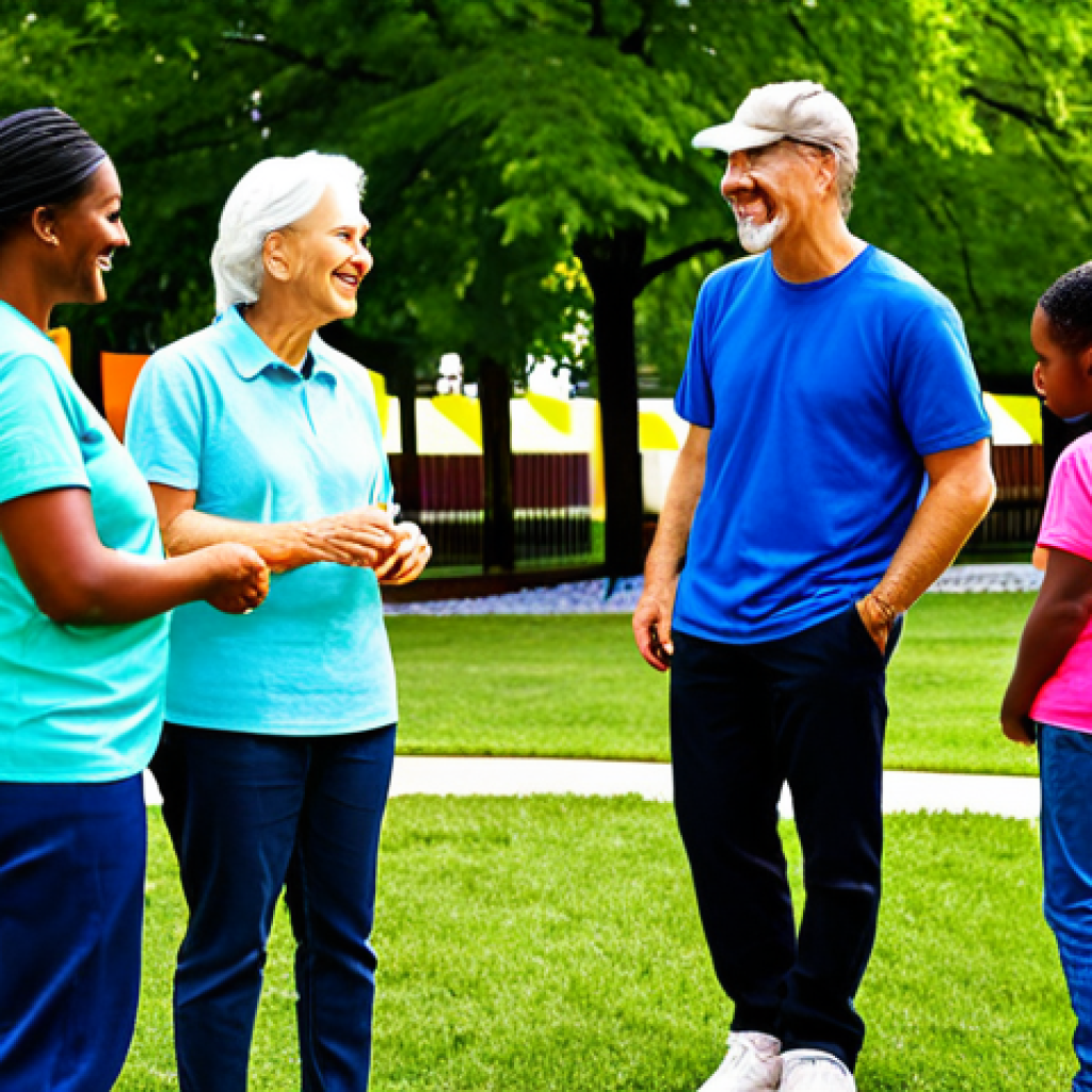 A diverse group of individuals of various ages, including adults and children, engaged in a collaborative community project, sharing smiles and positive interactions. They are dressed in comfortable, modest clothing, appropriate for an outdoor, daytime event. The setting is a vibrant community park with subtle branding elements that blend into the environment, suggesting shared values and purpose rather than overt advertising. The scene emphasizes authentic connection and participation. Fully clothed, appropriate attire, safe for work, family-friendly, perfect anatomy, natural proportions, well-formed hands, proper finger count, natural body proportions, professional photography, high quality image.