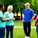 A diverse group of individuals of various ages, including adults and children, engaged in a collaborative community project, sharing smiles and positive interactions. They are dressed in comfortable, modest clothing, appropriate for an outdoor, daytime event. The setting is a vibrant community park with subtle branding elements that blend into the environment, suggesting shared values and purpose rather than overt advertising. The scene emphasizes authentic connection and participation. Fully clothed, appropriate attire, safe for work, family-friendly, perfect anatomy, natural proportions, well-formed hands, proper finger count, natural body proportions, professional photography, high quality image.