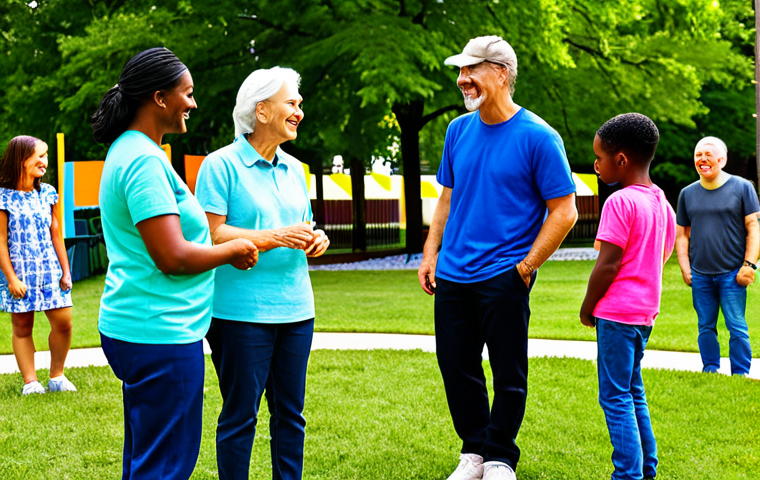 A diverse group of individuals of various ages, including adults and children, engaged in a collaborative community project, sharing smiles and positive interactions. They are dressed in comfortable, modest clothing, appropriate for an outdoor, daytime event. The setting is a vibrant community park with subtle branding elements that blend into the environment, suggesting shared values and purpose rather than overt advertising. The scene emphasizes authentic connection and participation. Fully clothed, appropriate attire, safe for work, family-friendly, perfect anatomy, natural proportions, well-formed hands, proper finger count, natural body proportions, professional photography, high quality image.