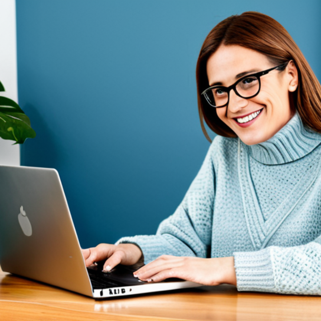 Storytelling & Brand Building**

A female blogger, mid-30s, sitting at a bright desk with a laptop, surrounded by books and plants, smiling warmly. She's wearing a modest, stylish sweater and glasses. The background shows a cozy, modern home office. Focus on conveying authenticity and approachability. The image should evoke a sense of genuine connection. Appropriate content, safe for work, fully clothed, professional, perfect anatomy, correct proportions, natural pose, well-formed hands, proper finger count, natural body proportions, professional photography, high quality.

**