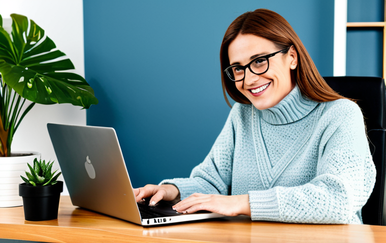 Storytelling & Brand Building**

A female blogger, mid-30s, sitting at a bright desk with a laptop, surrounded by books and plants, smiling warmly. She's wearing a modest, stylish sweater and glasses. The background shows a cozy, modern home office. Focus on conveying authenticity and approachability. The image should evoke a sense of genuine connection. Appropriate content, safe for work, fully clothed, professional, perfect anatomy, correct proportions, natural pose, well-formed hands, proper finger count, natural body proportions, professional photography, high quality.

**
