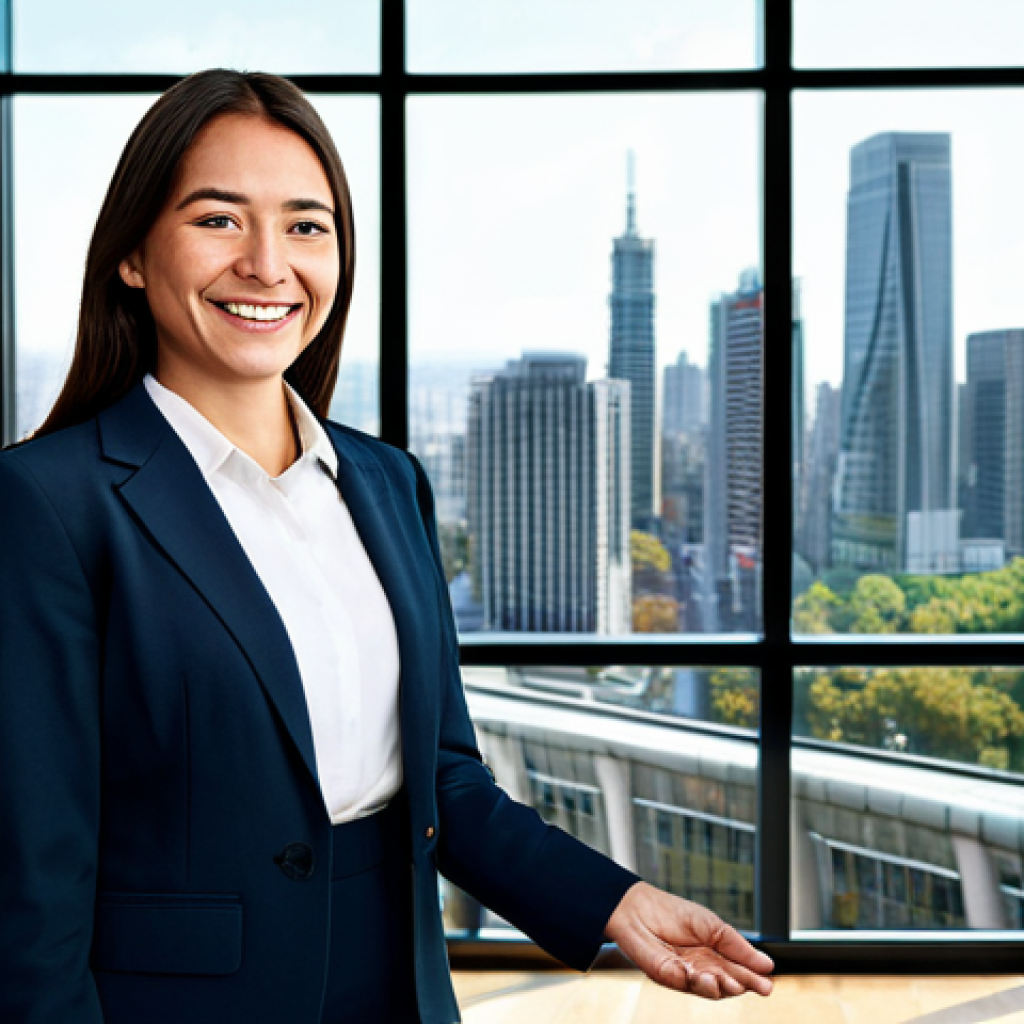 **

"A professional woman in a fully clothed business suit stands in a modern office, smiling confidently. She is shaking hands with a senior executive. Background shows a bustling city skyline. Appropriate attire, professional setting, safe for work, perfect anatomy, natural proportions, family-friendly."

**
